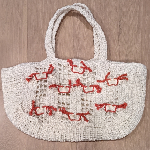 Handcrafted Cream and Red Tote Bag with little crabs - Picture 1 of 10